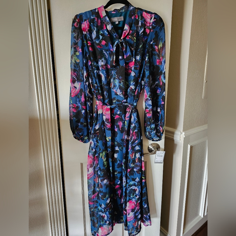 Tie Neck, Long Sleeve Midi Dress